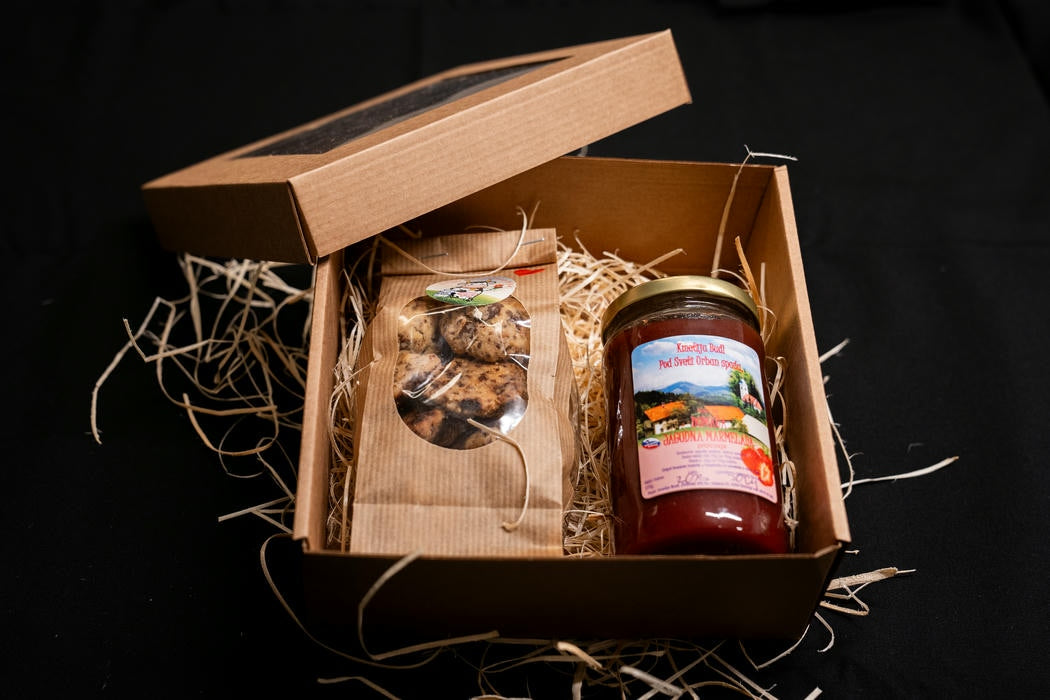 Gift package - homemade chocolate cookies and strawberry marmalade