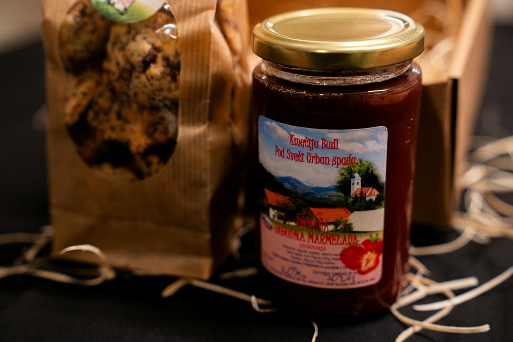 Gift package - homemade chocolate cookies and strawberry marmalade